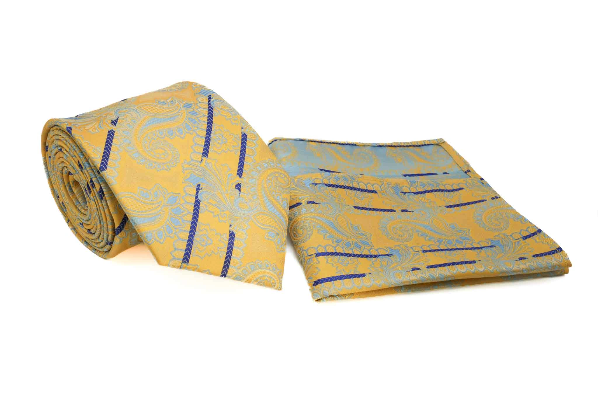 Dapper Gent's Yellow Paisley & Blue Striped Tie & Pocket Square: A Classy Duo